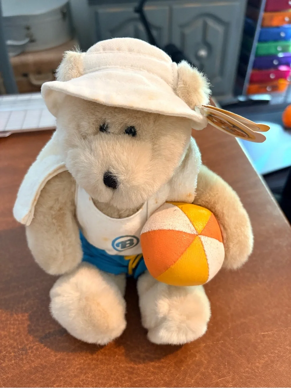 Starbucks Plush Bear in Blue Swim Shorts with Yellow-Orange Beach Ball 2002